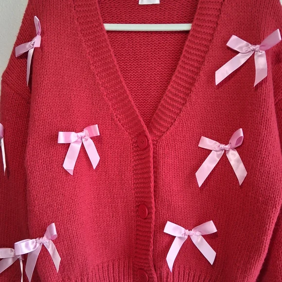 Anthropologie Luna Ivy Red Cardigan Adorned With Pink Bows. Sz.M Cozy - Picture 2 of 10